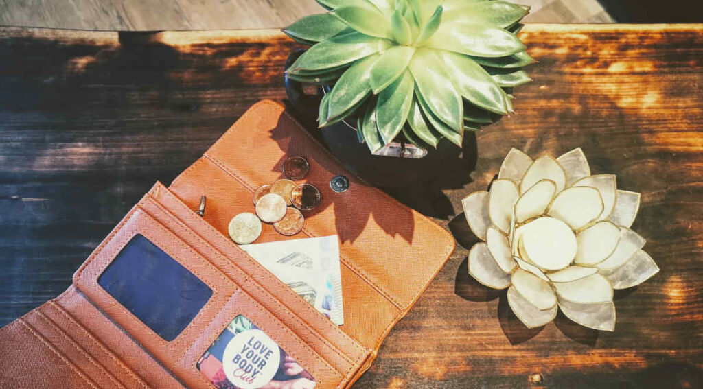 open wallet next to t succulents on a wooden table