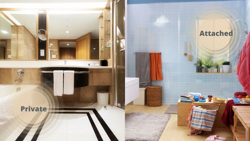 Private bathroom of a hotel on the left; and an attached bathroom of a residential house on the right