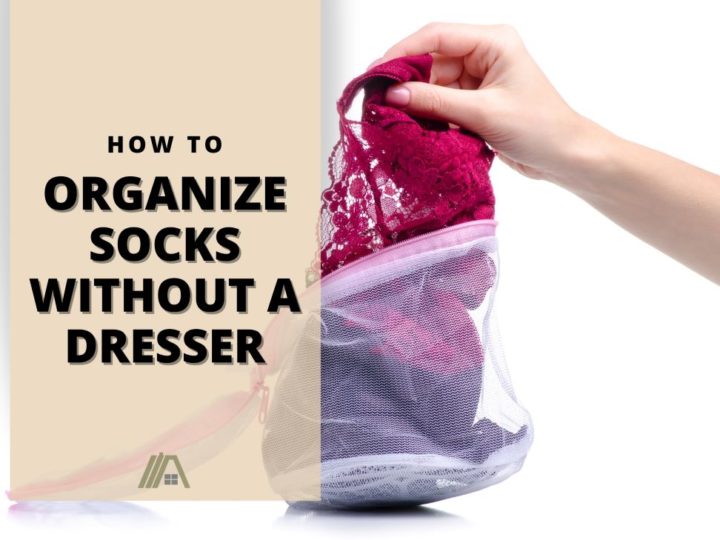 Hand pulling a pink underwear from a white a white mesh bag; How to Organize Socks and Underwear Without a Dresser