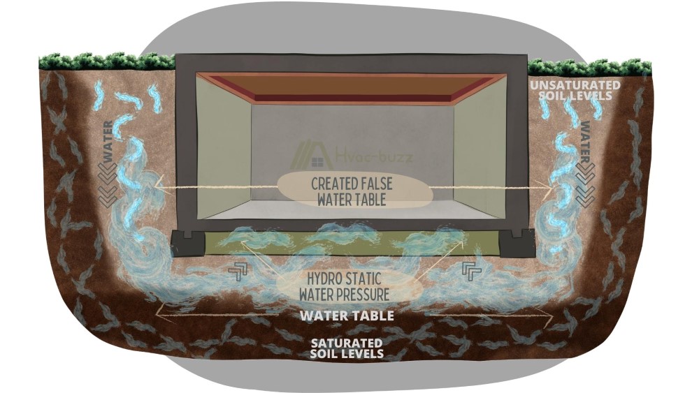 basement near a water table; hydrostatic pressure