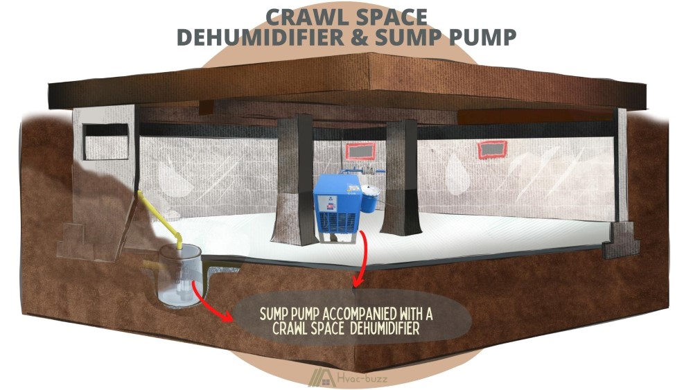 crawl space with sump pump and dehumidifier