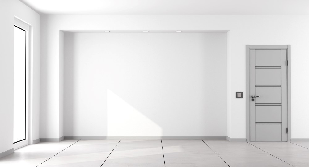 Empty white minimalist living room with gray closed door and window - 3d rendering