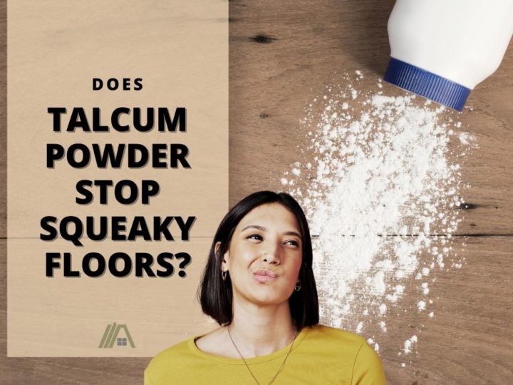 Powder spilled across wooden flooring; Woman wearing yellow sweater looking doubtful; Does Talcum Powder Stop Squeaky Floors