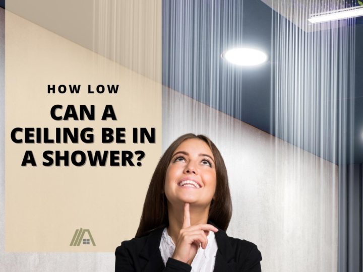 Woman in a suit looking up the ceiling; How Low Can a Ceiling Be in a Shower? (Building code & comfort)
