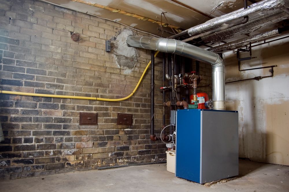 Boiler furnace in basement ; industrial dirty grunge background