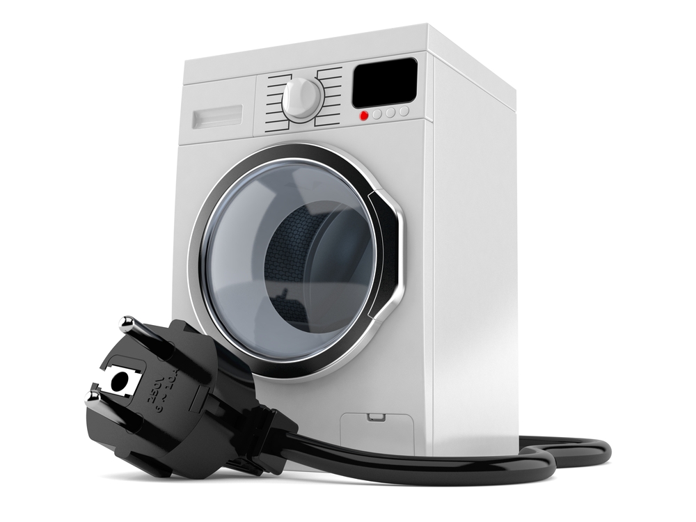 Washing machine with electric plug isolated on white background