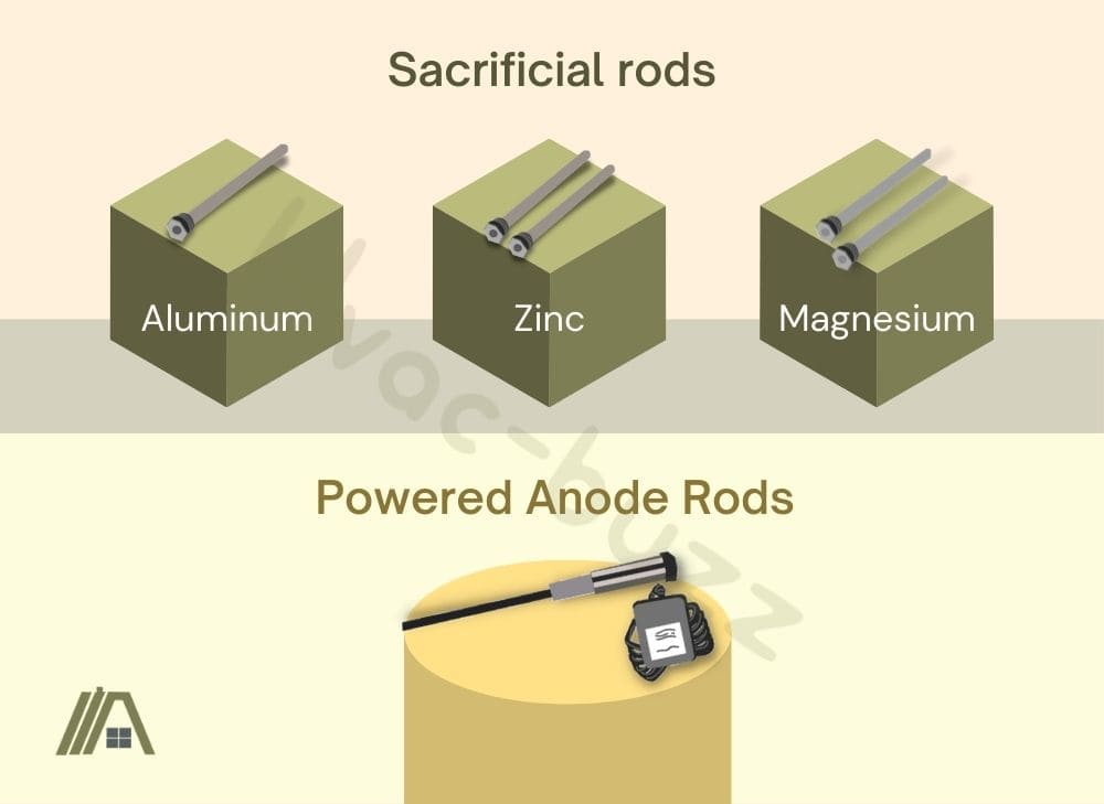 Sacrificial rods: Aluminum, zinc and magnesium, Powered Anode Rods