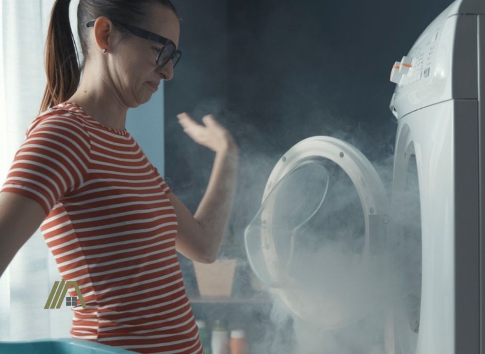 Upset woman staring at her broken washing machine, the room is full of smoke 
