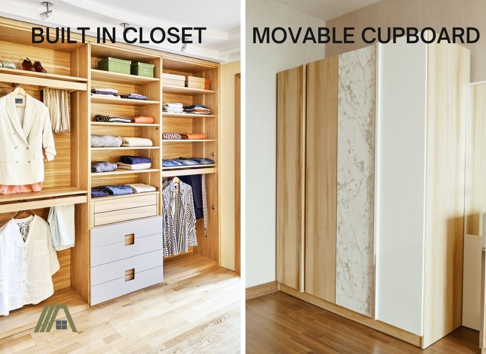 Comparison of modern built in closet full of hanging and folded clothes and movable modern cupboard inside a room