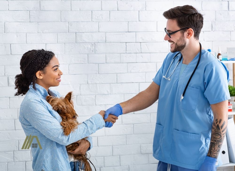 smiling veterinarian shaking hands with happy dog owner