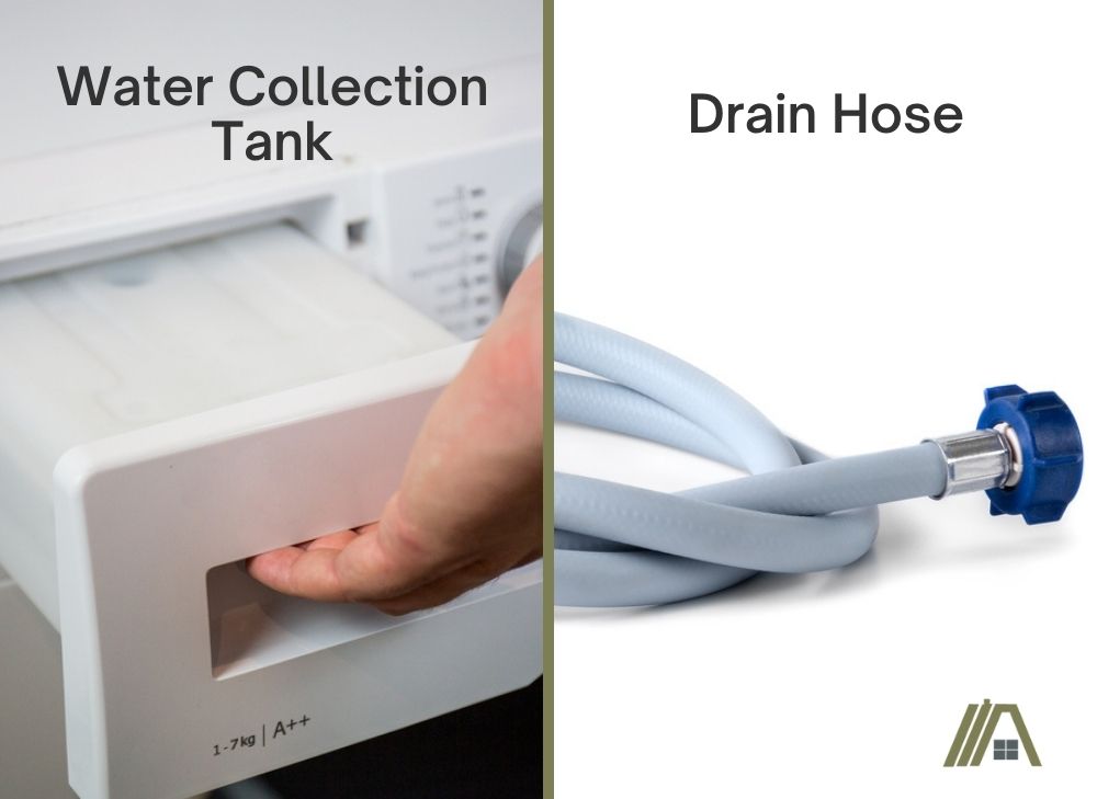 Hand getting water collection tank in the dryer and a blue drain hose