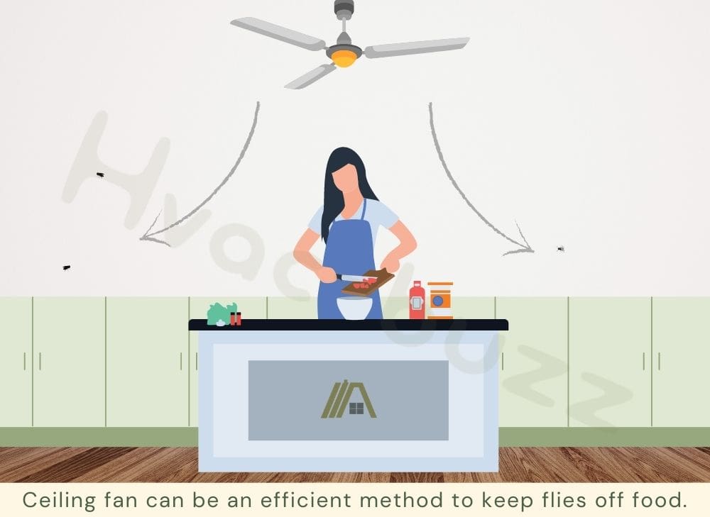 Illustration of woman preparing food in the kitchen while the ceiling fan is on keeping the flies away
