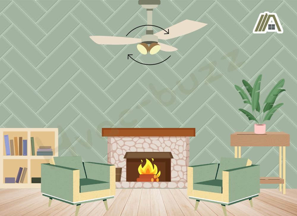 Illustration of a living room with fireplace and ceiling fan