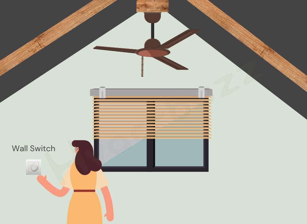 Illustration of a woman turning on the wall switch of a ceiling fan