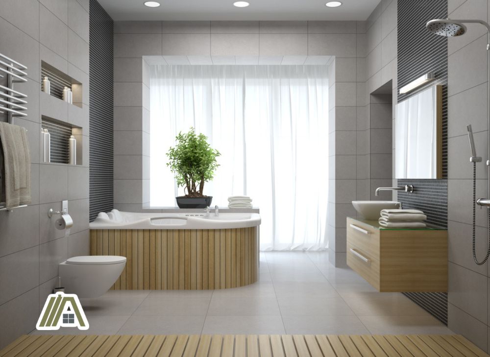 Modern bathroom design with neutral colors and wood element