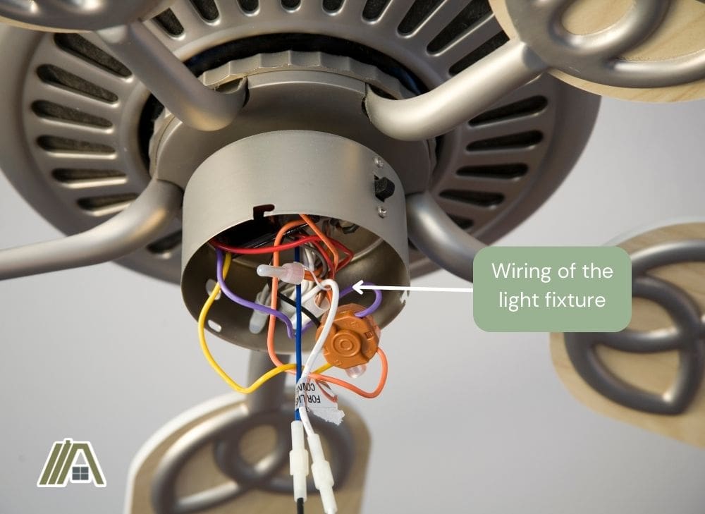 Exposed wiring of the light fixture of a ceiling fan