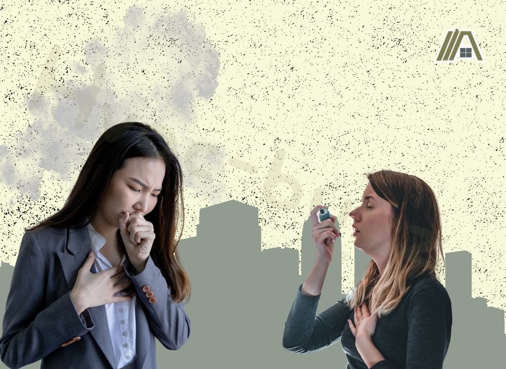 Girl in a suit coughing due to smoke and girl inhaling an asthma inhaler due to dust and smoke