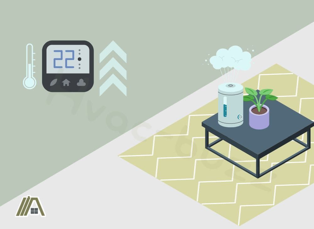 Illustration of a humidifier placed on a table in the living room resulting in increased temperature