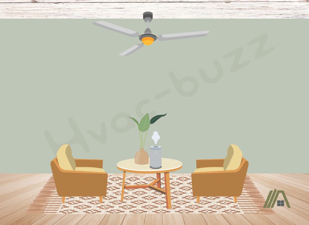 Illustration of a living room with a humidifier and a ceiling fan