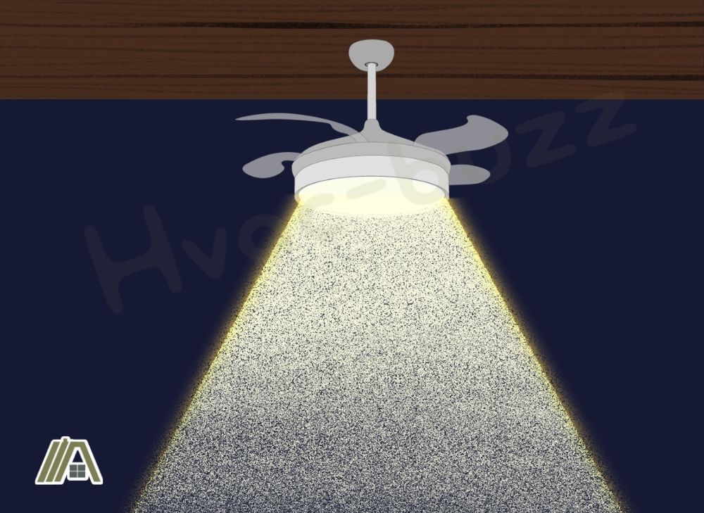 Illustration of a retractable ceiling fan with lights switched on
