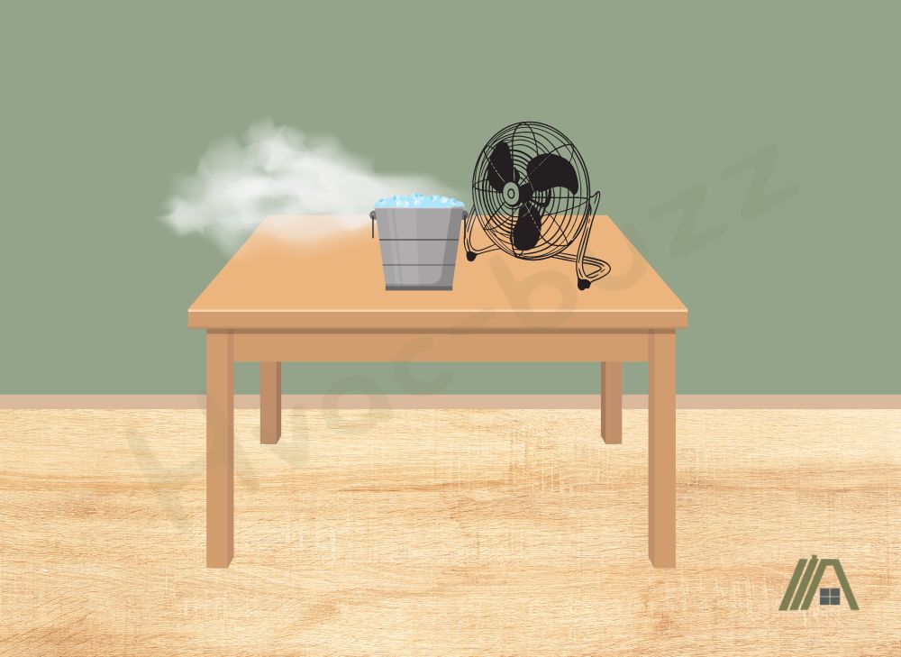 Illustration of a fan placed in front of a bucket full of ice at the top of the table