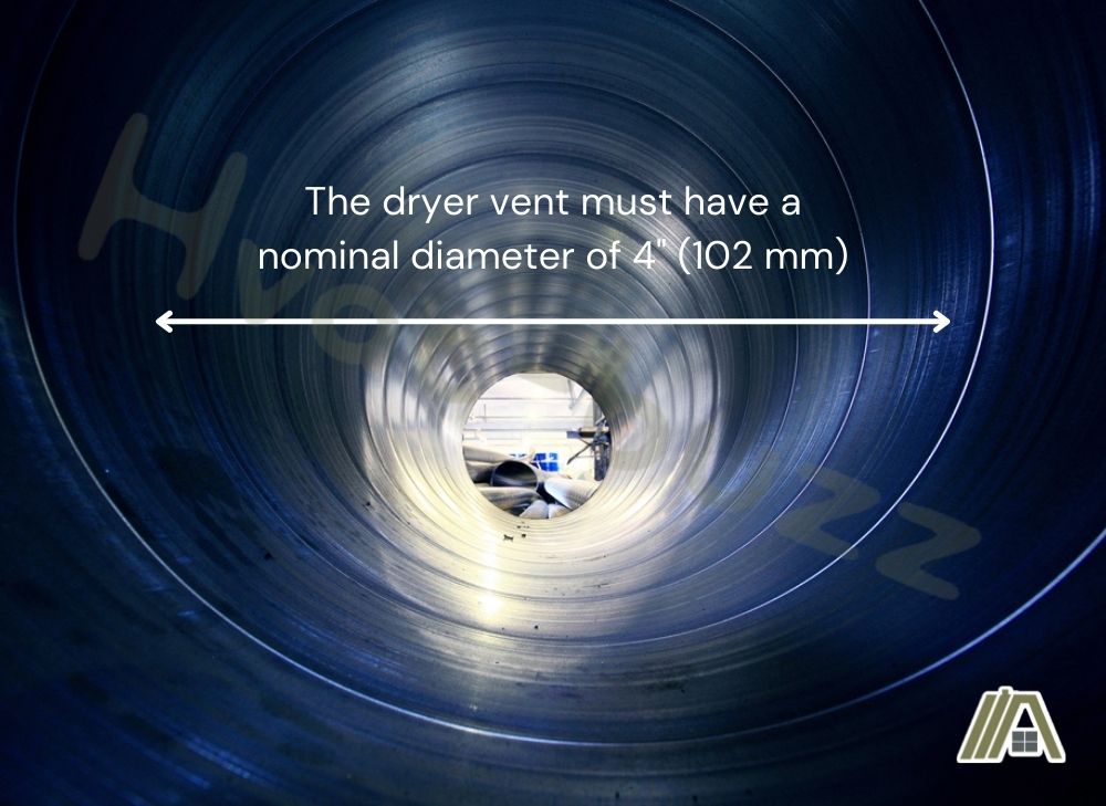 Inside of a smooth metal duct with a text that a dryer duct should have a nominal diameter of 4 inches
