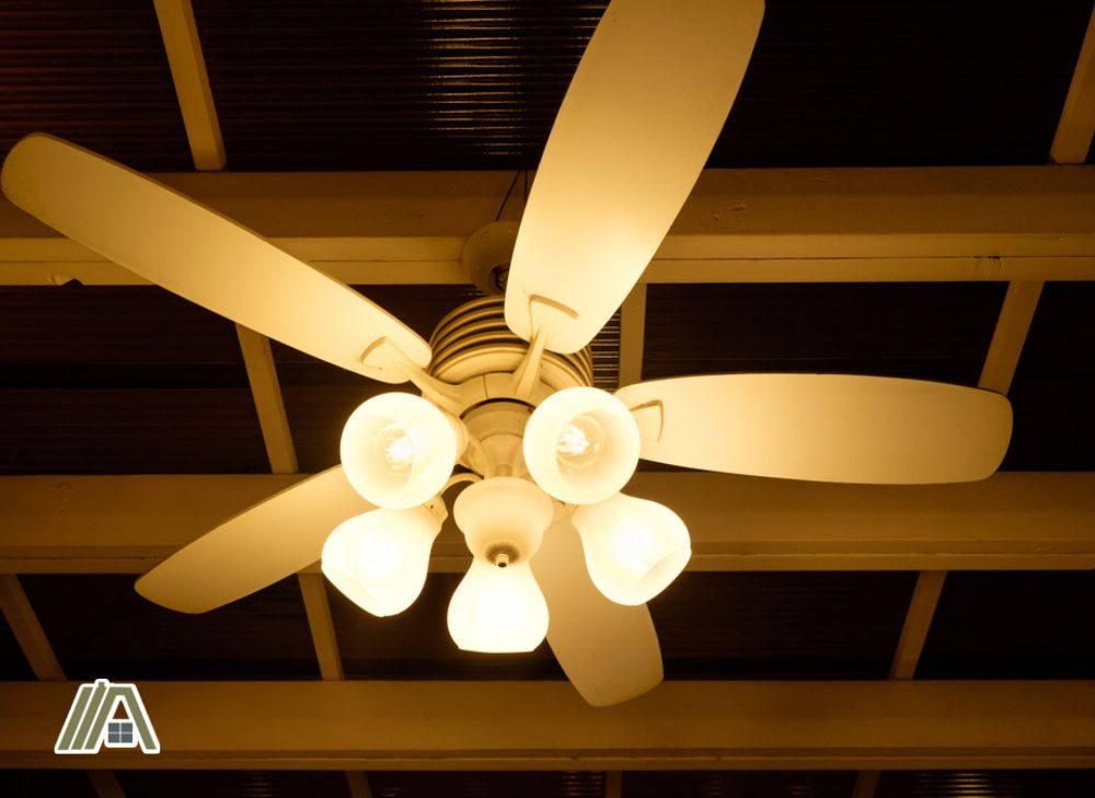 White ceiling fan with lights switched on