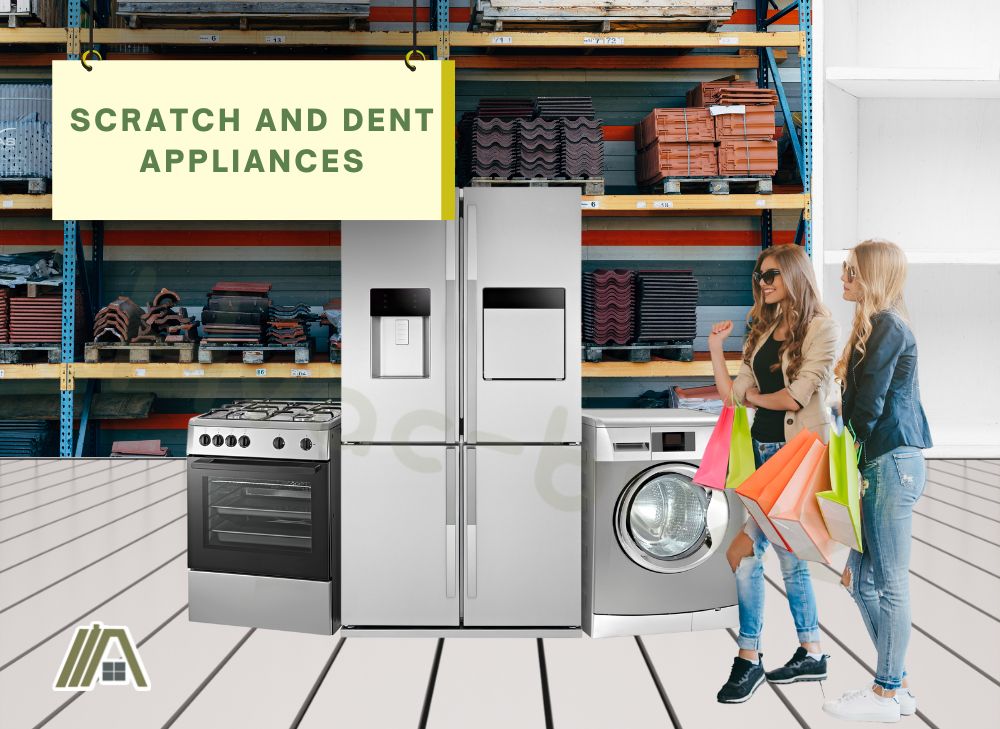 Women carrying shopping bags checking the scratch and dent appliances
