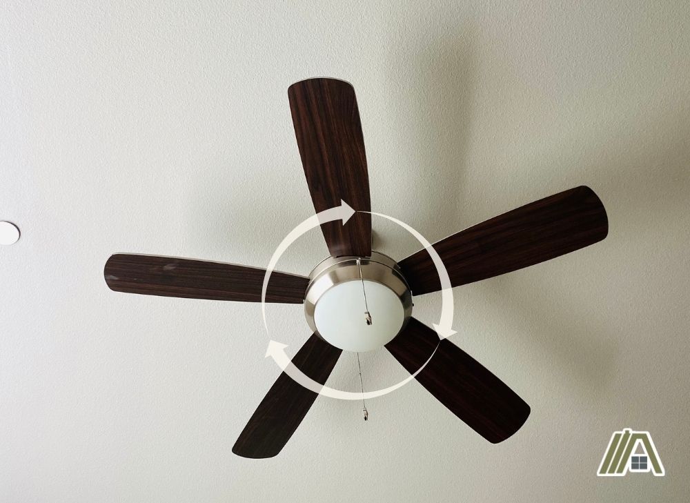 Wooden ceiling fan with light rotating clockwise viewed from the bottom