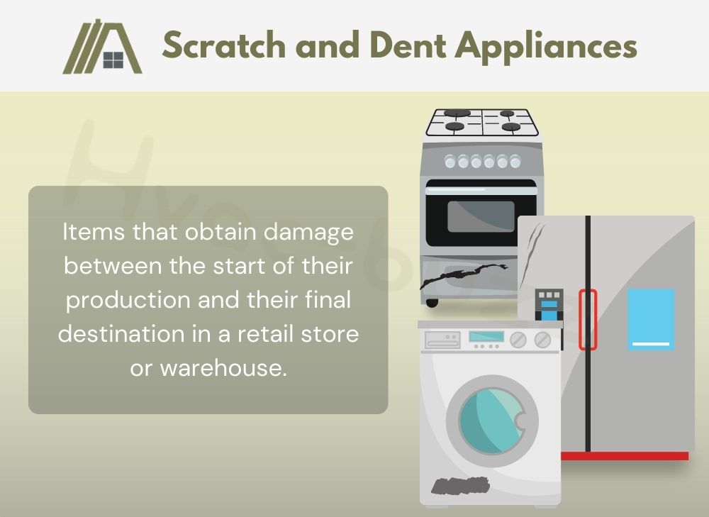 illustration of scratch and dent appliances and a text saying: Items that obtain damage between the start of their production and their final destination in a retail store or warehouse.