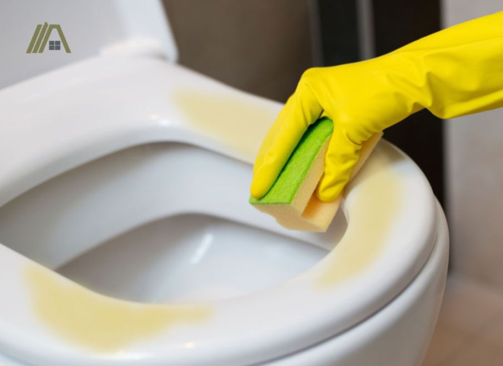 Cleaning yellow stained plastic toilet seat using a sponge while wearing a yellow glove