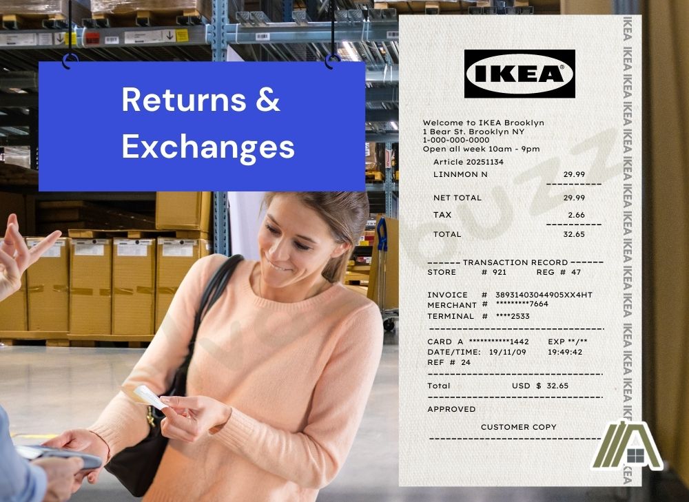Girl in pink sweater returning an item while holding a receipt in the returns and exchanges section  in IKEA and an IKEA receipt