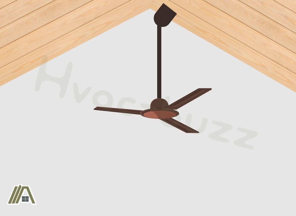 Illustration of a brown ceiling fan installed in a vaulted ceiling