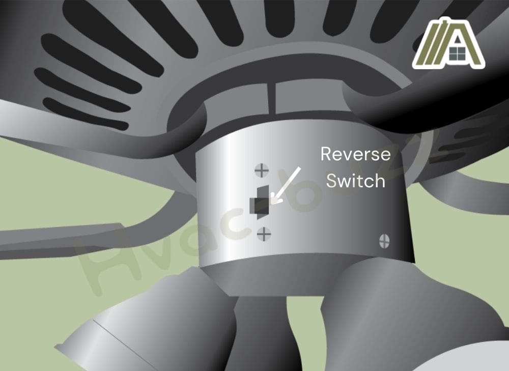 Illustration of a black ceiling fan showing the reversible switch