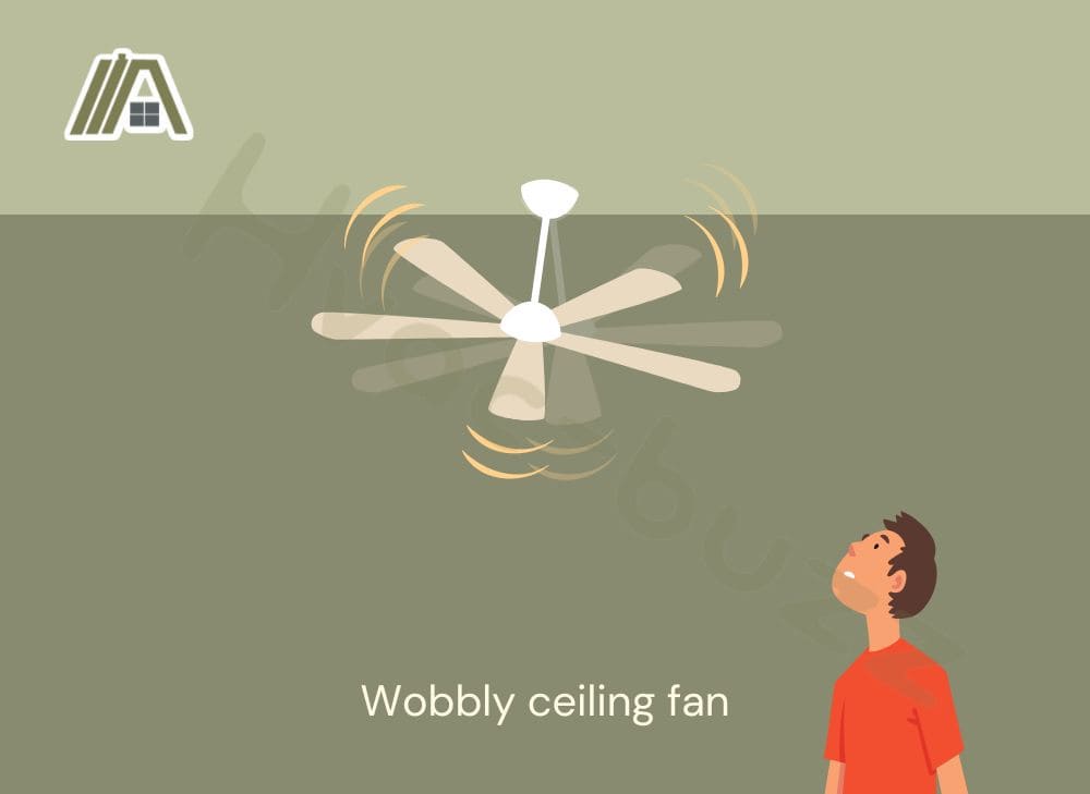 Illustration of a man looking up at a wobbly ceiling fan