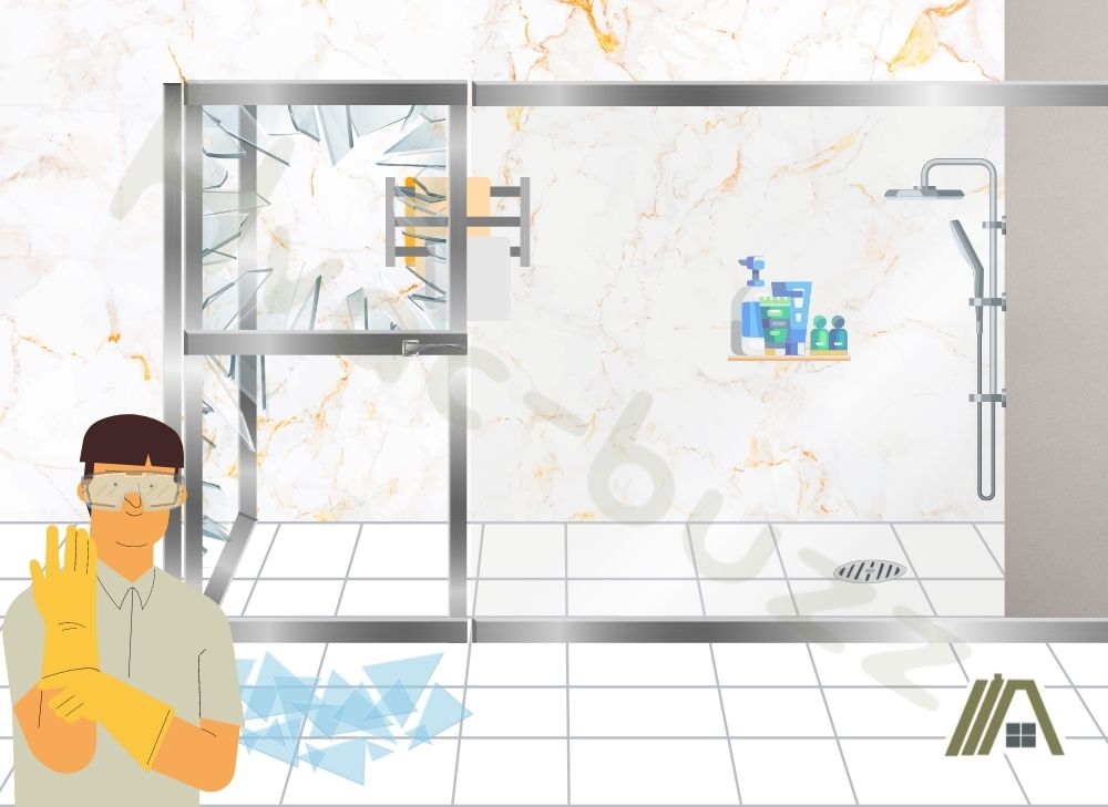 Illustration of a man wearing yellow gloves with goggles  on a bathroom with shattered glass doors of a shower stall