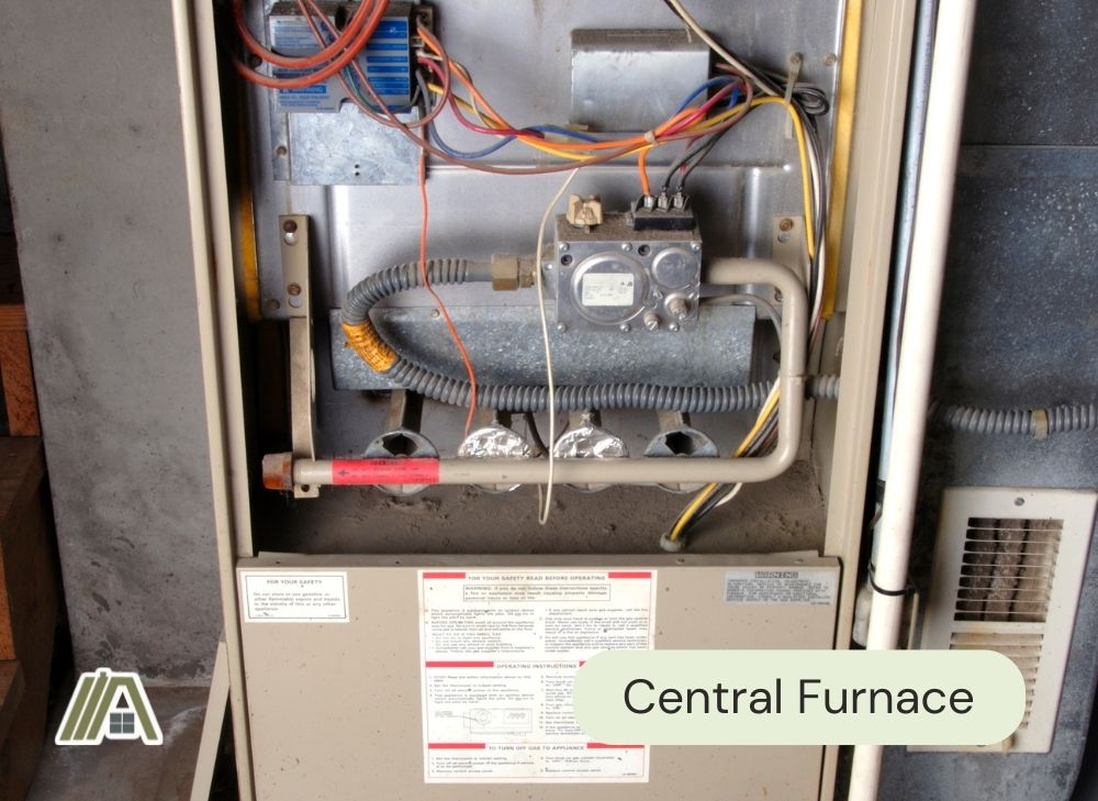 Removed cover of a central furnace with exposed wires