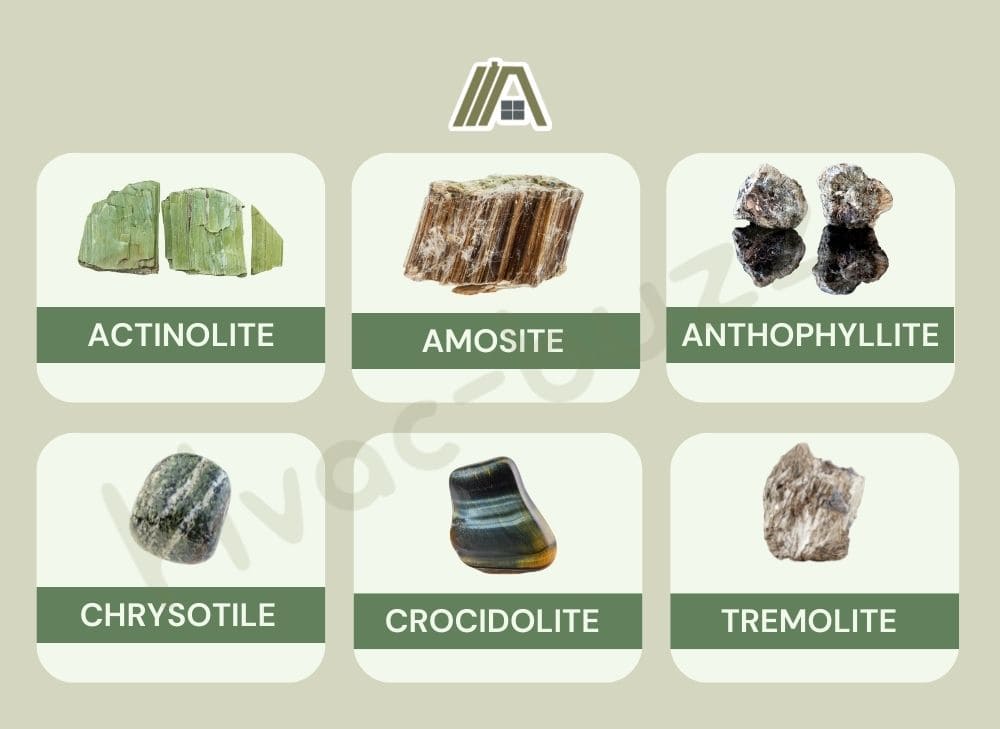 Types of Asbestos: Actinolite, Amosite, Anthophyllite, Chrysotile, Crocidolite and Tremolite