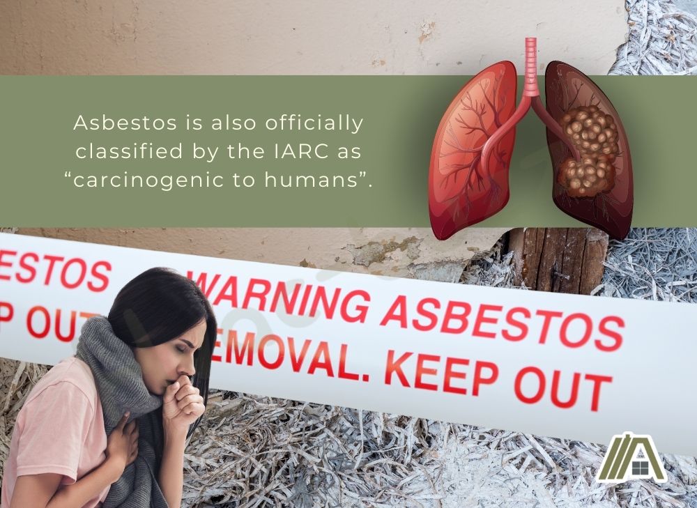 Asbestos is carcinogenic to humans, lung with cancer and a woman coughing