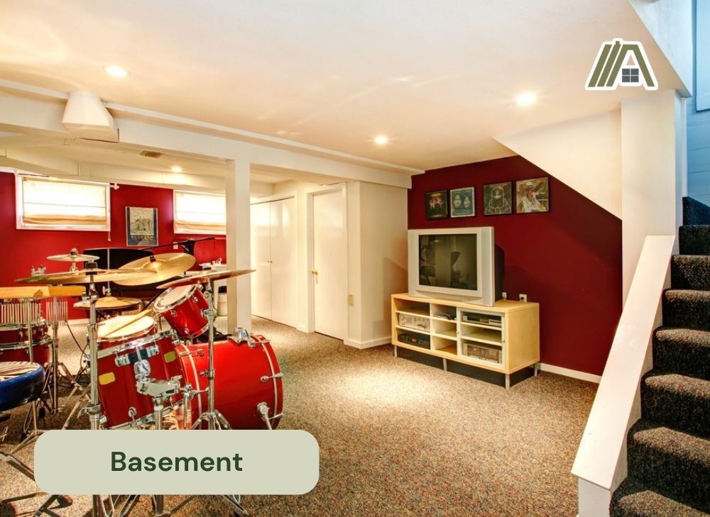 Basement with television and a full set of red drums
