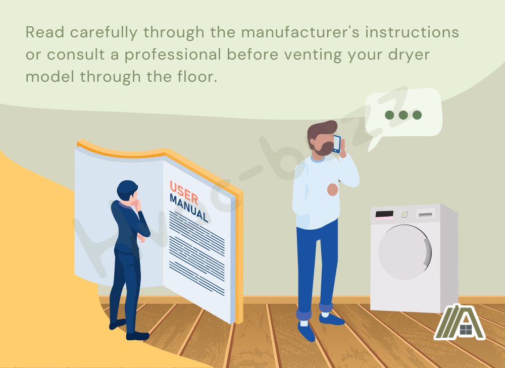 Illustration of a man reading a user manual and a guy talking to a phone regarding the vents of a dryer