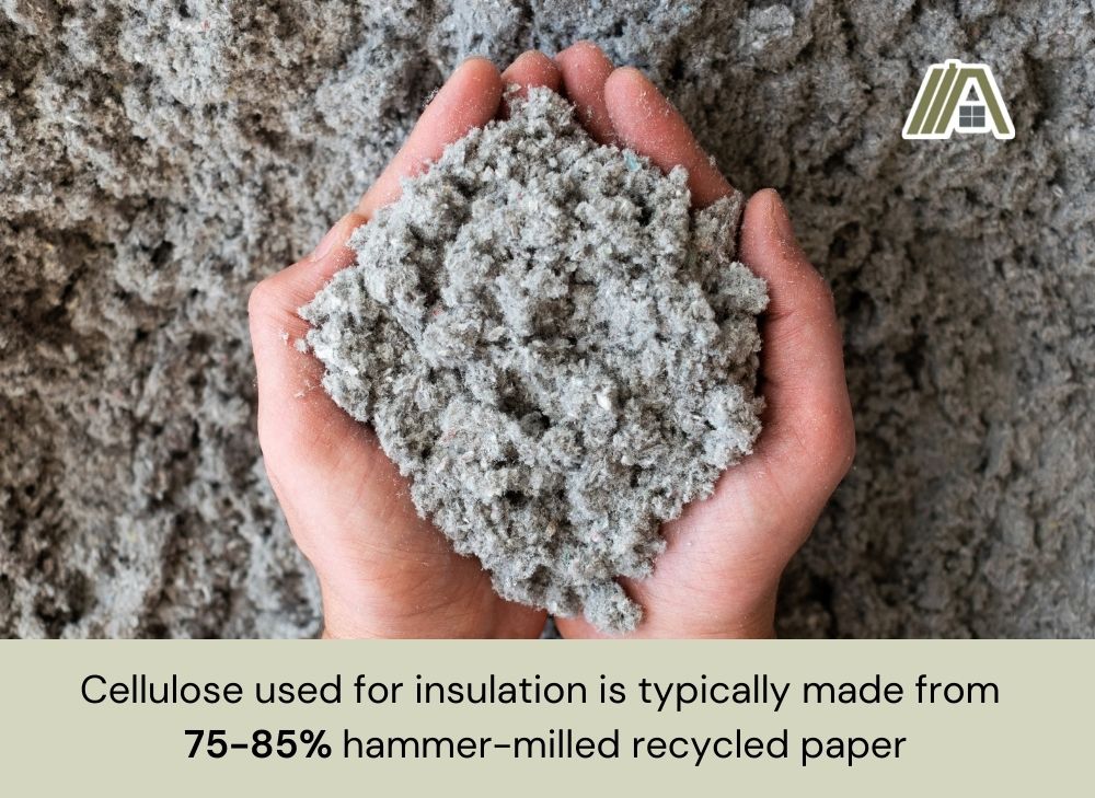 Man holding a cellulose insulation and a text saying that _Cellulose used for insulation is typically made from  75-85% hammer-milled recycled paper