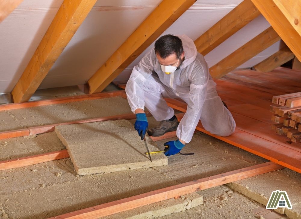 Man in PPE cutting and installing insulation in the attic