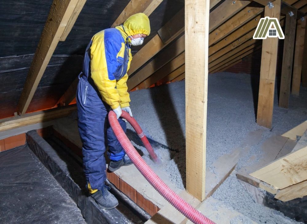Man in a suit and a mask pouring cellulose insulation in an attic