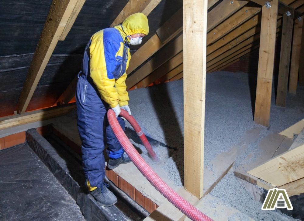 Man pouring cellulose insulation in the attic while wearing a PPE