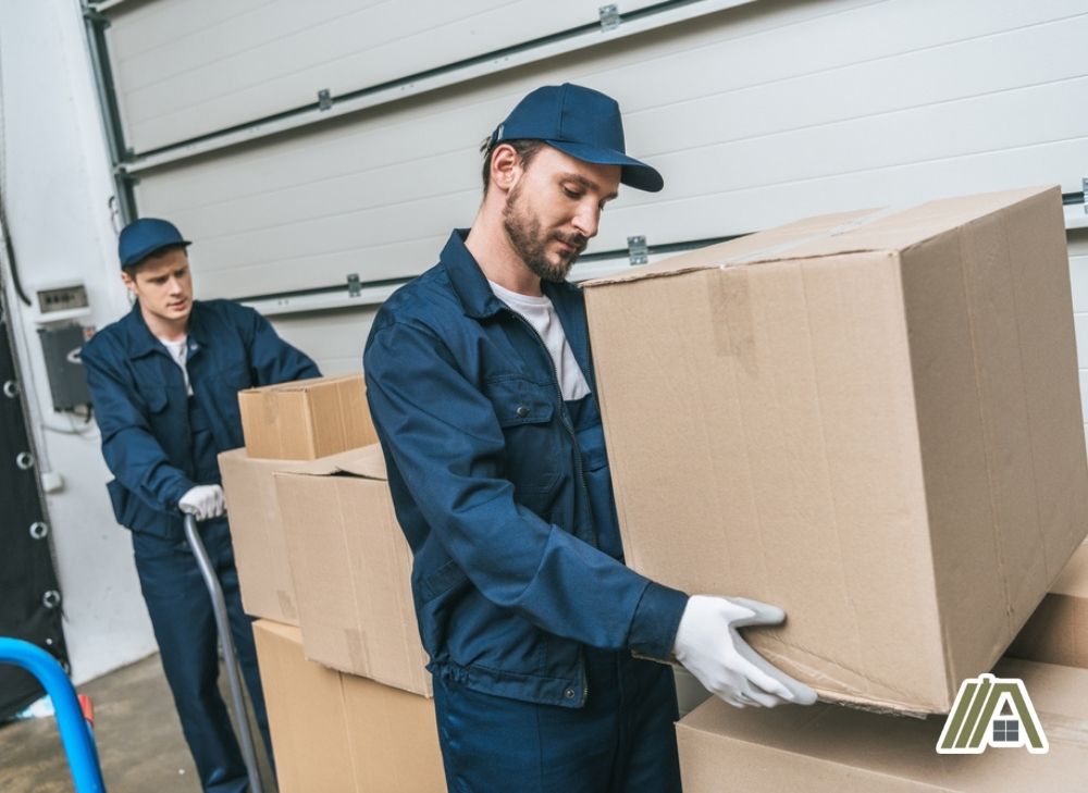 Men wearing blue uniform and cap delivering boxes