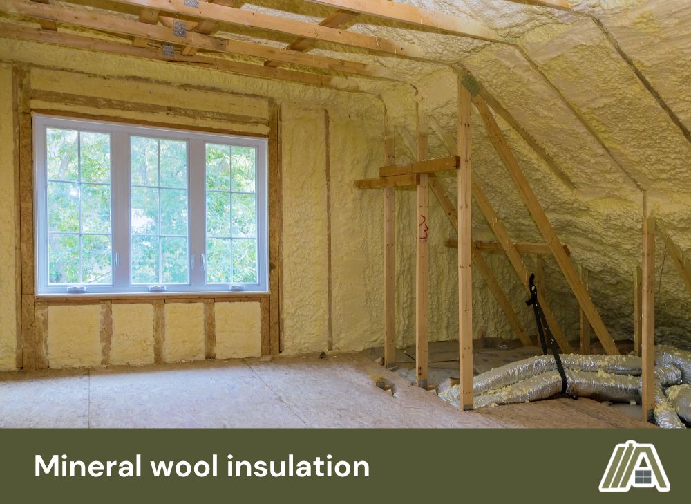Blown-in mineral wool insulation in attic with windows