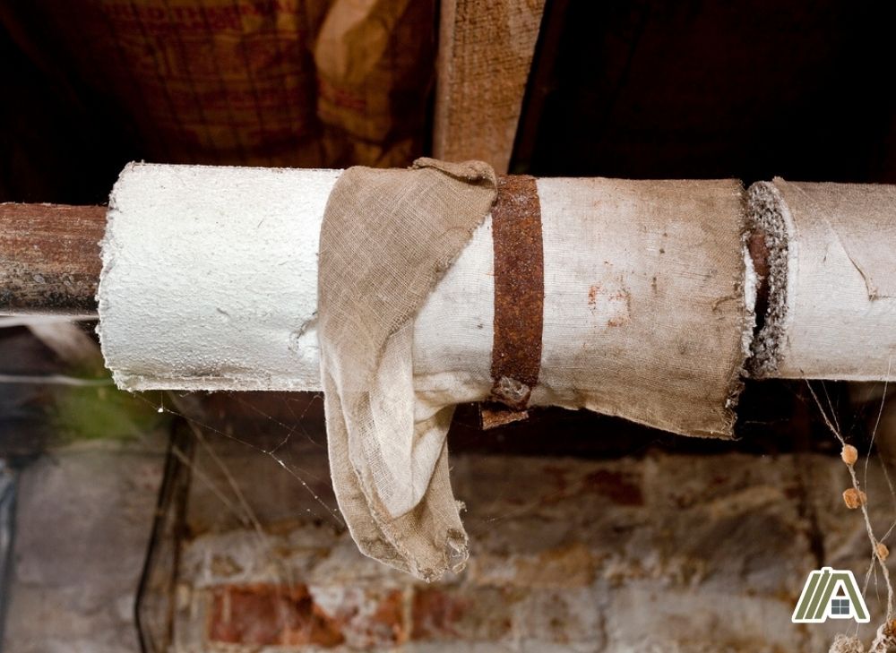 Old plumbing pipe wrapped with an asbestos insulator