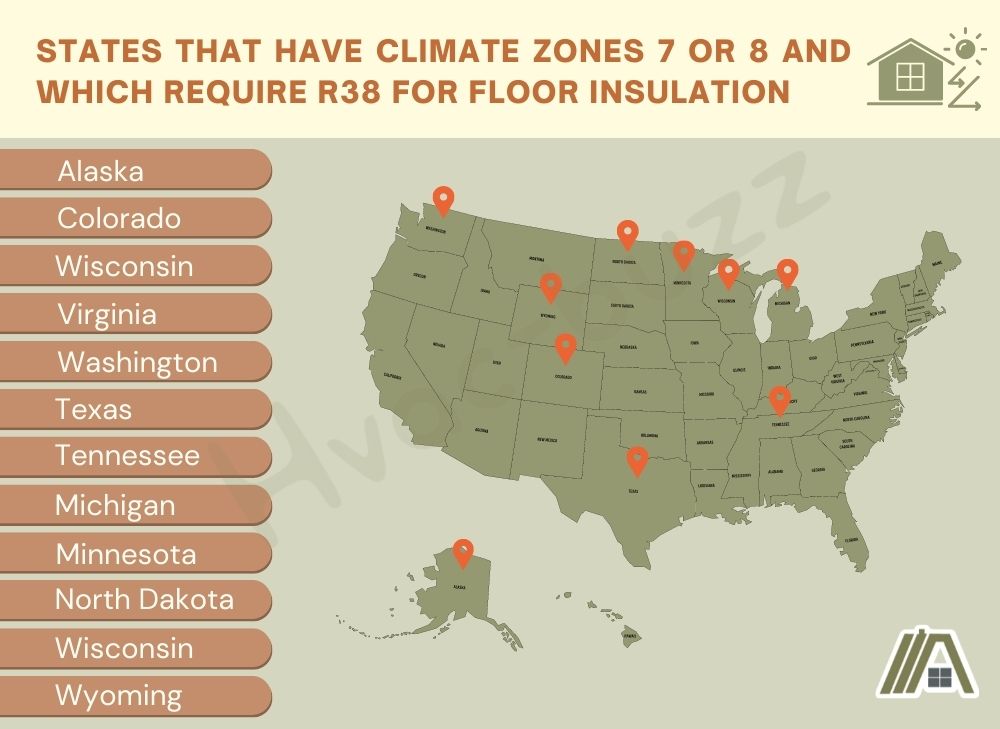 States that have climate zones 7 or 8 and which require R38 for floor insulation