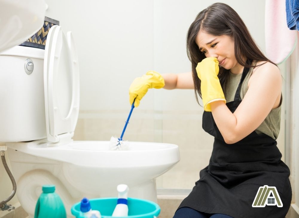 Woman wearing yellow gloves cleaning the toilet sink covering her nose due to foul smell